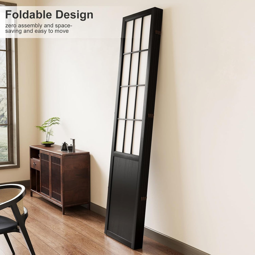 Room Divider, 66.9Inch Tall Japanese Shoji Style Folding Wood Screen with Double Hinges for Home Office Bedroom Hotel Decoration (4Panels, Black)