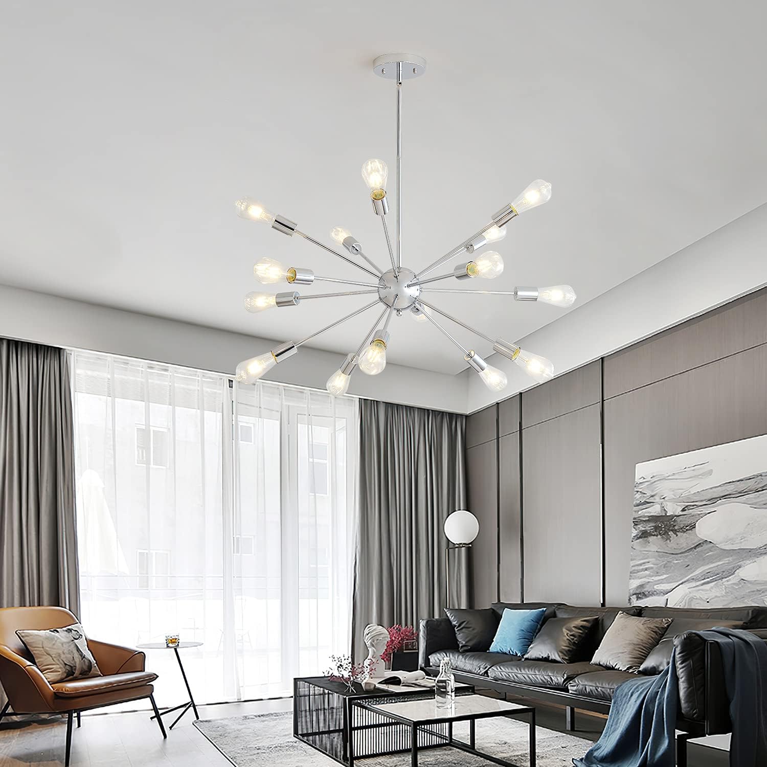 Mid-Century Sputnik Chandeliers 15-Lights, Modern Semi Flush Mount Ceiling Light Fixture Industrial Retro Hanging Lamps for Kitchen Living Room Dining Bedroom Corridor, Chrome（Bulb Not Included）