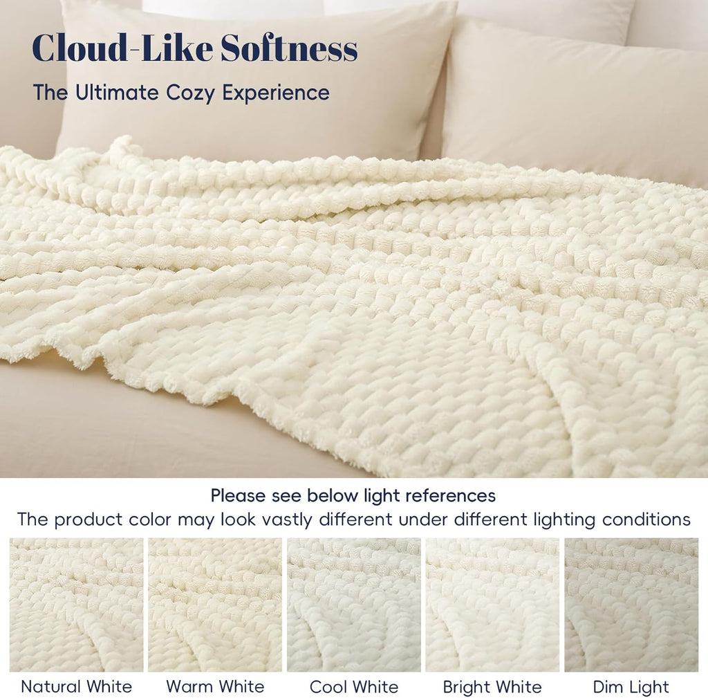 PHF Ultra Soft Flannel Fleece Blanket King Size, Lightweight 3D Jacquard Fleece Blanket, No Shedding, No Pilling, Luxury 340GSM Aesthetic Fluffy Cozy for Bed Room Decor, 108"x90", Cream
