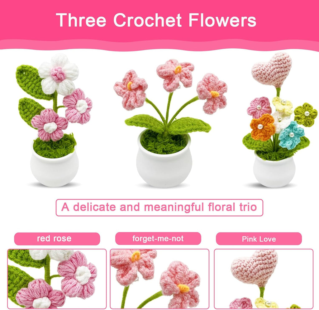 3pcs Crochet Flowers Cute Potted Flower,Mini Flower Bouquet for Mom Wife, Cute Desk Decor for Women,Artificial Handmade Flowers for Car Dashboard,Home Office Decoration (Color#8)