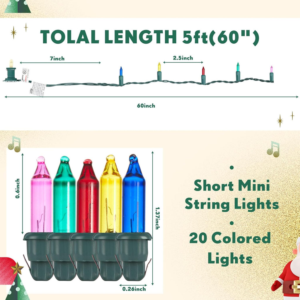 Mini Christmas Lights String Warm White Vintage Short Strand String Lights, Clear Bulbs Wire Fit Light up Christmas Decorations (20 Bulbs No Connectable,5ft,Green)