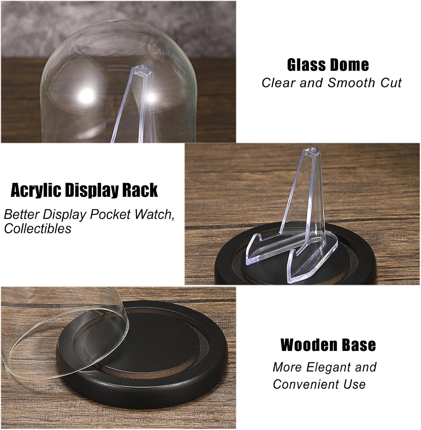 JUXYES Clear Watch Glass Display Dome Cloche with Display Stand, Clear Terrarium Jar Cloche Bell with Wooden Base, Glass Display Dome for Pocket Watches Medals Coins Ornaments