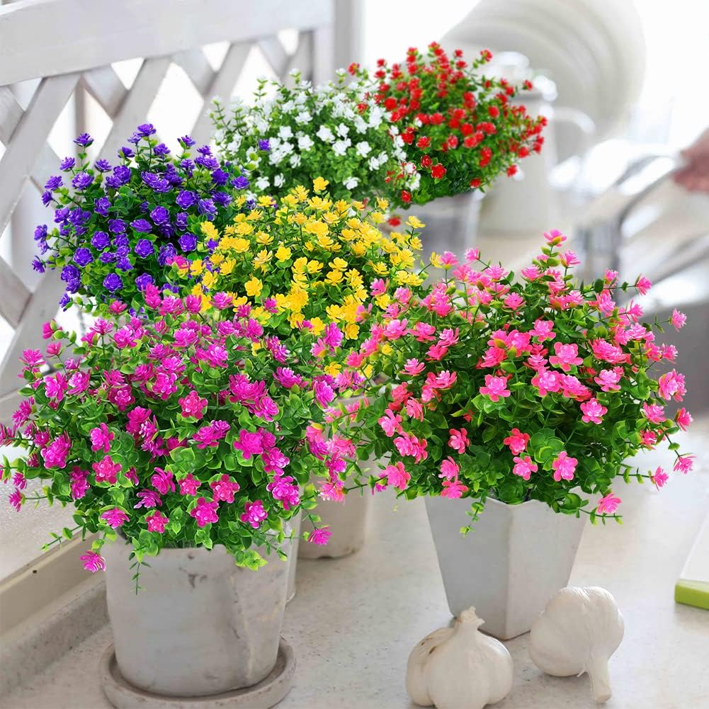 12 Bundles Outdoor Artificial Flowers UV Resistant Fake Boxwood Plants, Faux Greenery for Indoor Outside Hanging Plants Garden Porch Window Box Home Wedding Farmhouse Décor (Pink)
