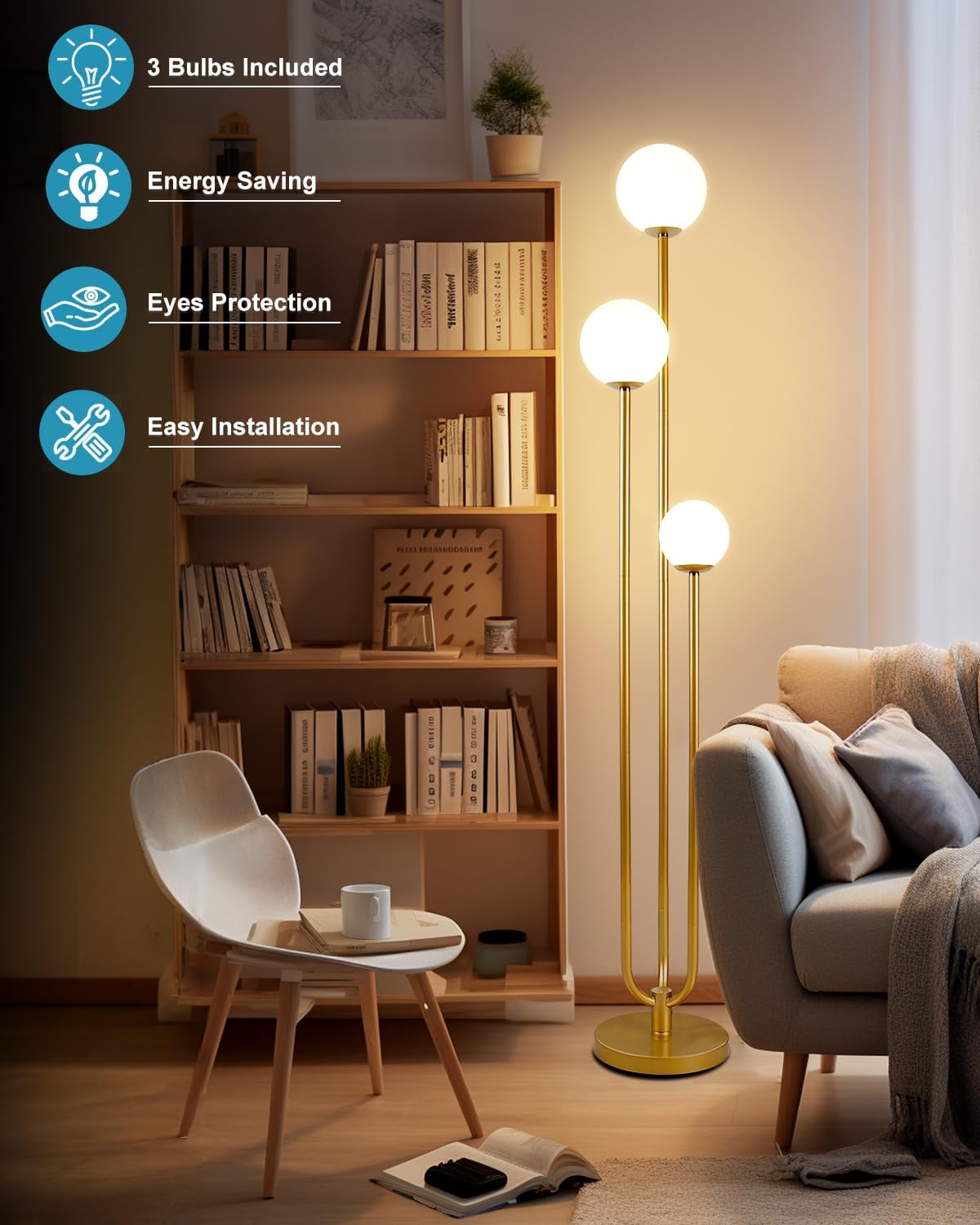 Lightdot LED Floor Lamp Gold Globe Floor Lamps with Shelf Mid Century Modern Standing Lamp for Bedroom Living Room Home Office-Candle Holder Style Soft Eye-Caring