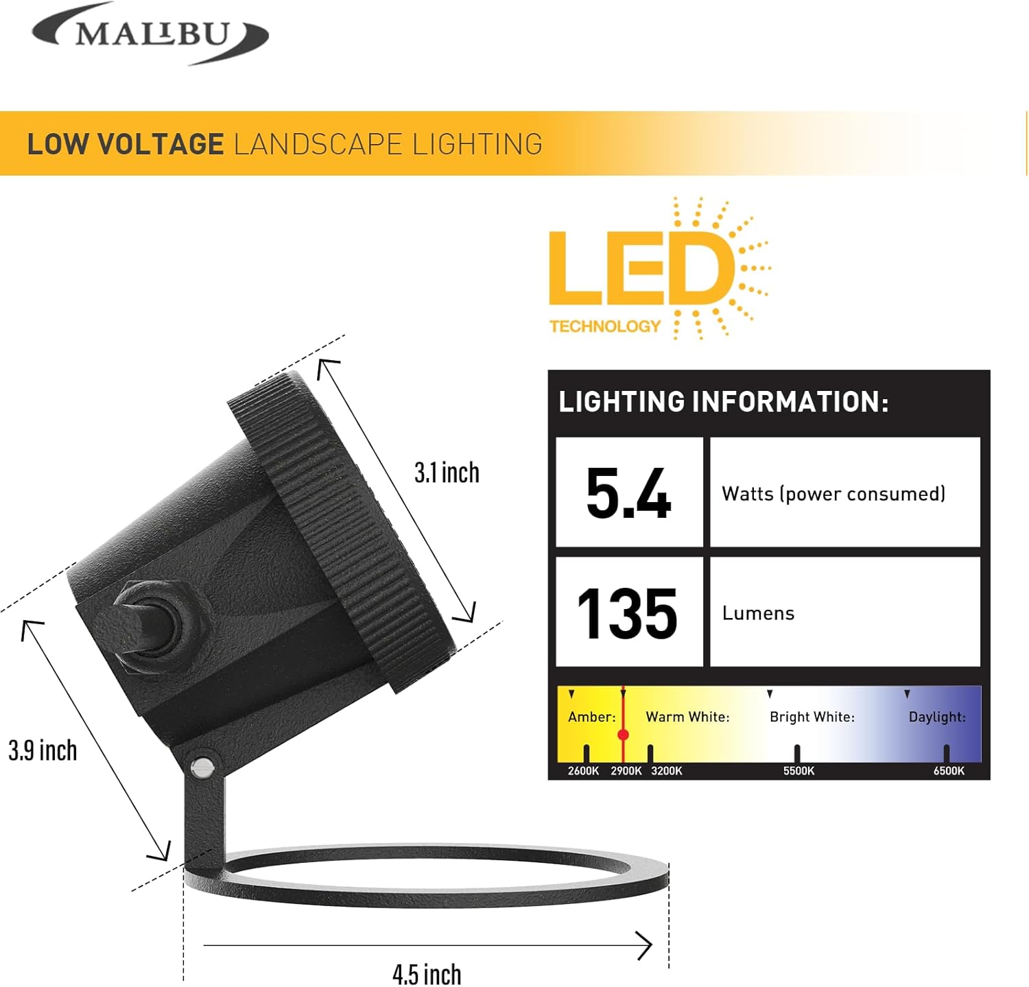 MALIBU Landscape Lighting 5.4W LED Pond Light 12V AC Low Voltage Submersible Lights Underwater 2900K Warm White Waterproof Underwater Lighting for Outdoor Ponds Fountains Waterfalls 1Pack