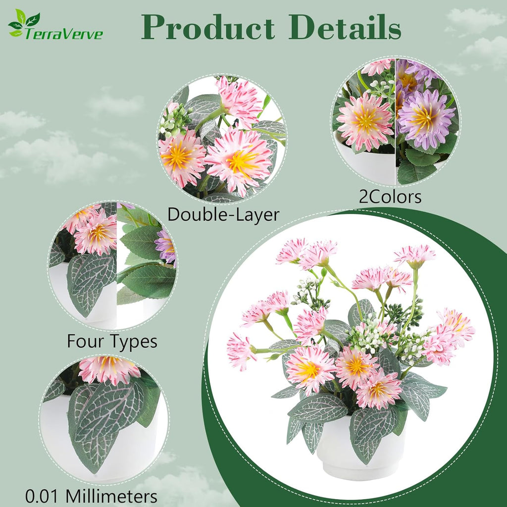 2-Piece Artificial Mums Set & Silk Flowers| Fake Flowers Indoor Planters for Living Room, Bedroom, Bathroom & Office Decor | Boho Style Artificial Plants & Flowers Decor