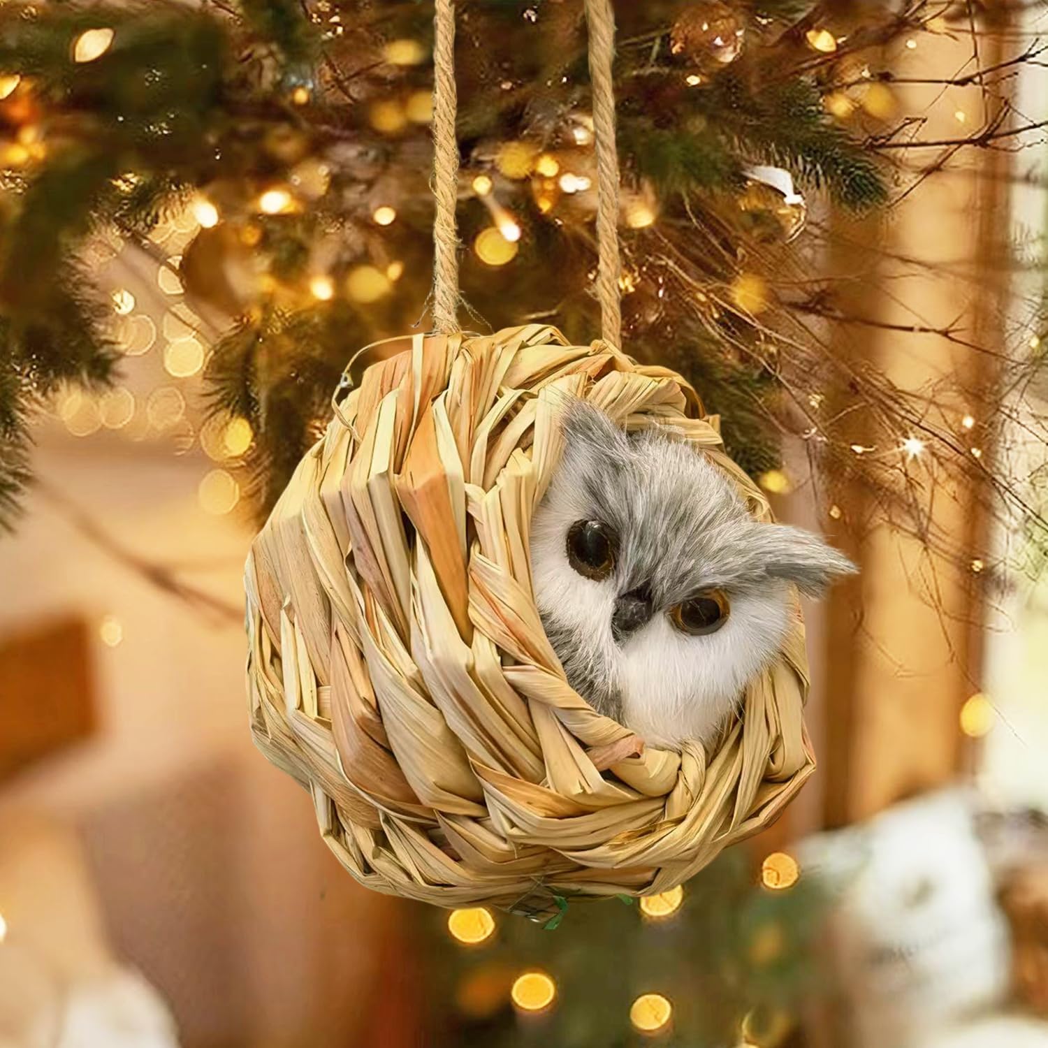 3D Forest Animals Ornaments for Christmas Tree Woodland Furry Animal Ornament Handmade Bird Nest with Plush Animals for Xmas Tree Faux Fur Animal Hanging Decoration Home (4inch Nest & owl)