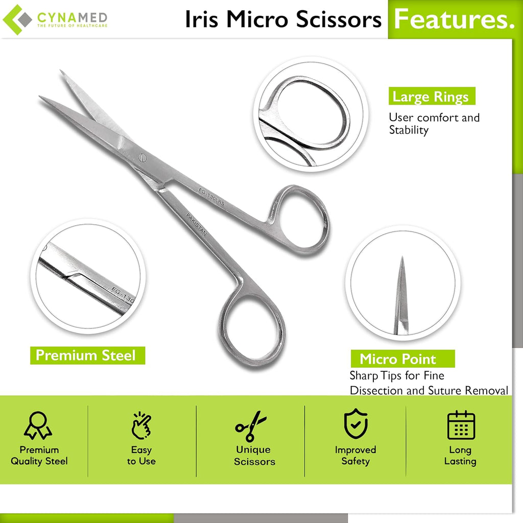 Cynamed Iris Micro Dissecting Precision Lab Scissors, Fine Point Straight - Perfect for Doctors, Nurses, EMS, Students, Education & Training and More (Pack of 5)