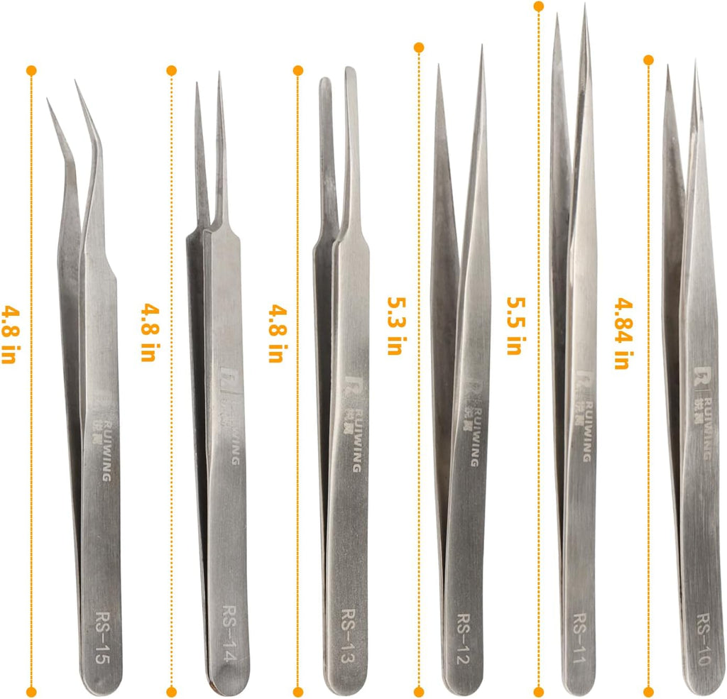 Precision Tweezers Set, 6 PCS Extra Thick Stainless Steel, Non-Magnetic, Heat Resistant for Electronics, Soldering, Jewelry, Craft, and Laboratory Work