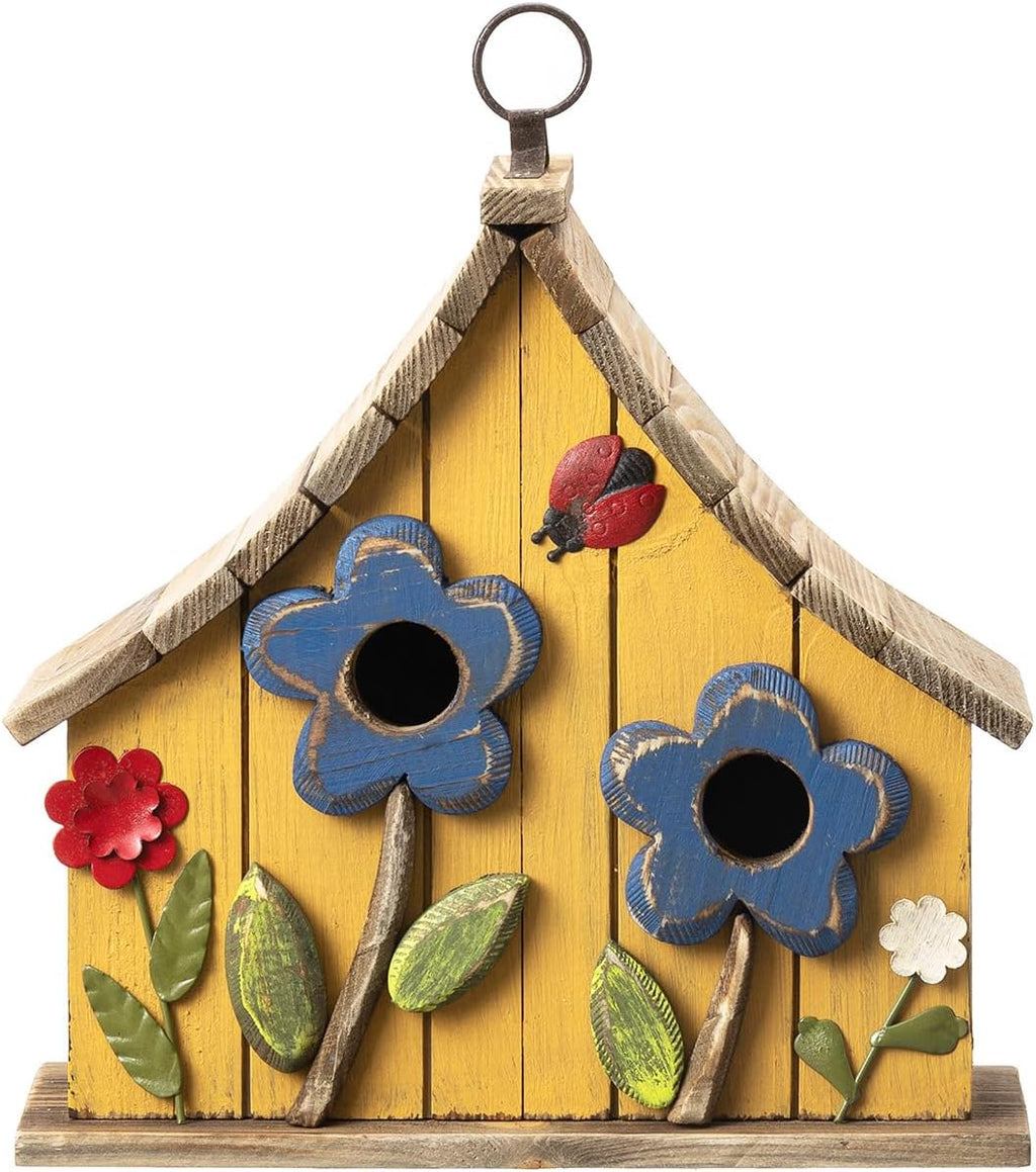 Glitzhome 10.75" L Distressed Solid Wood Hanging Birdhouse with 3D Flowers Rustic Two-Story Townhouse Hand-Painted Garden Bird Houses for Outdoors,Washed Yellow