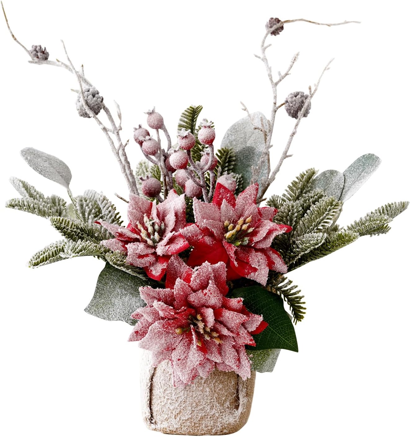 Artificial Poinsettias Christmas Flowers with Red Berry Pine Cone Branches Linen Base,12” Faux Poinsettias Plants for Home Office Table Fireplace Winter Indoor Christmas Decorations Red