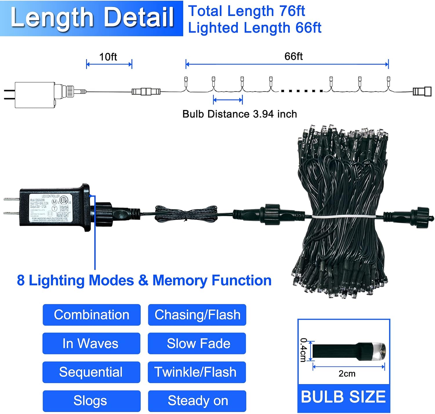 JMEXSUSS 200 LED Blue Christmas Lights Outdoor, Expandable 66ft Christmas String Lights Green Wire, 8 Modes Twinkle Xmas Tree Light Plug in for Party Indoor Ceiling Beroom Patio Fence Yard Decor