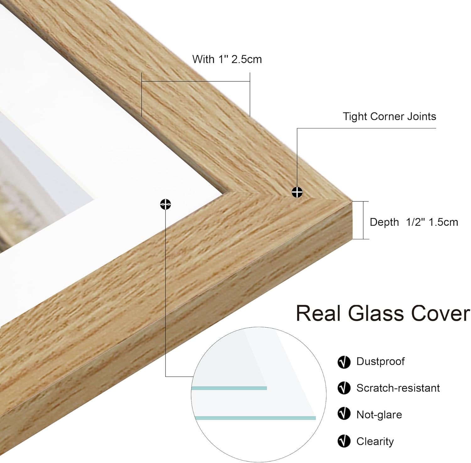 10x14 Picture Frame Set of 4, Made of Glass and Natural Oak Wooden Frame, Display 8x12 Pictures with Mat or 30 x 40cm Diamond Painting Art without Mat for Wall Mounting, Gallery Photo Frames