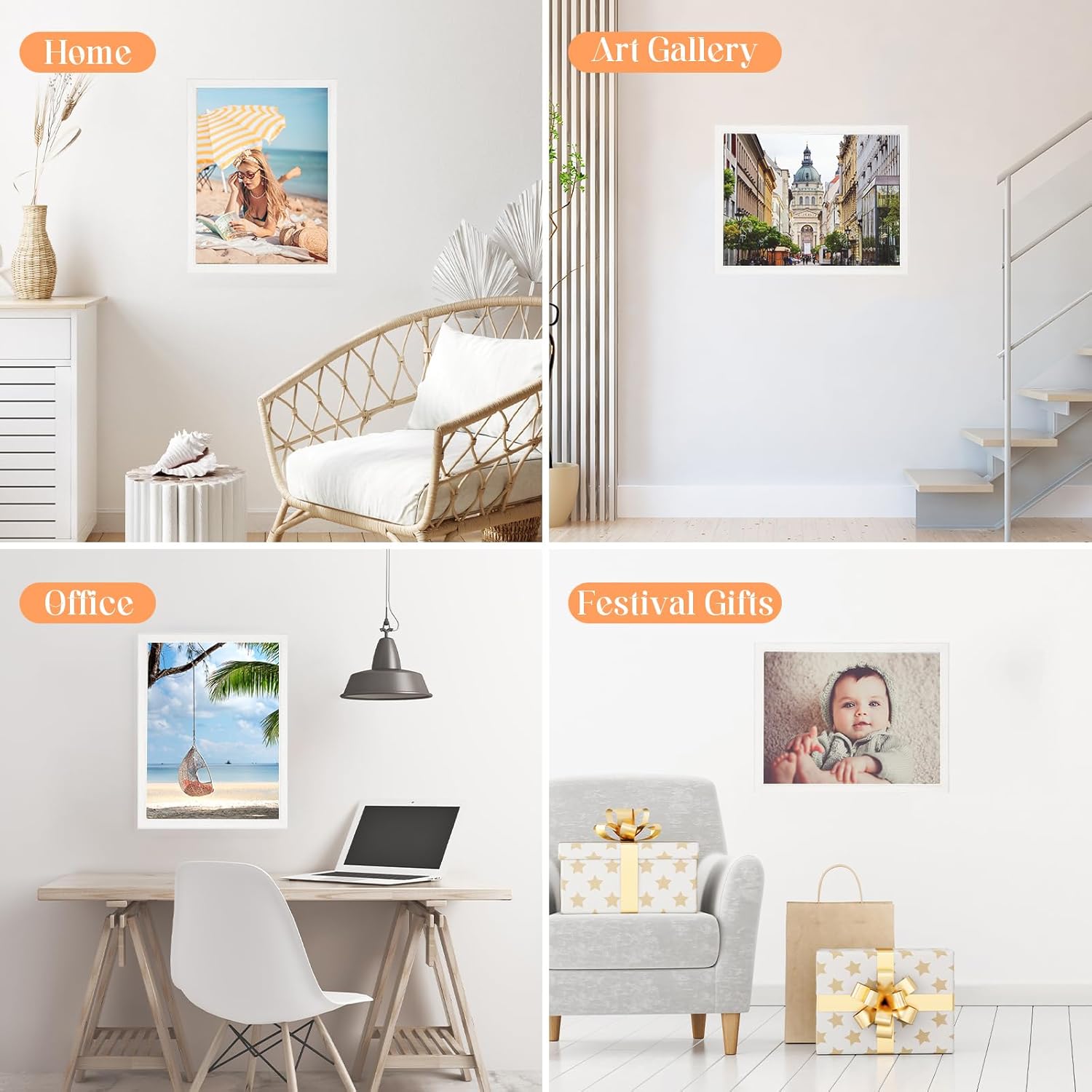 9x12 Wood Frame White, Modern Natural Woodgrain 12x9in Picture Frame, Rustic Wooden 9 x 12 inch Gallery Wall Photo Poster Frame with HD Plexiglass, Horizontal Vertical Wall Mounting Display 1pcs