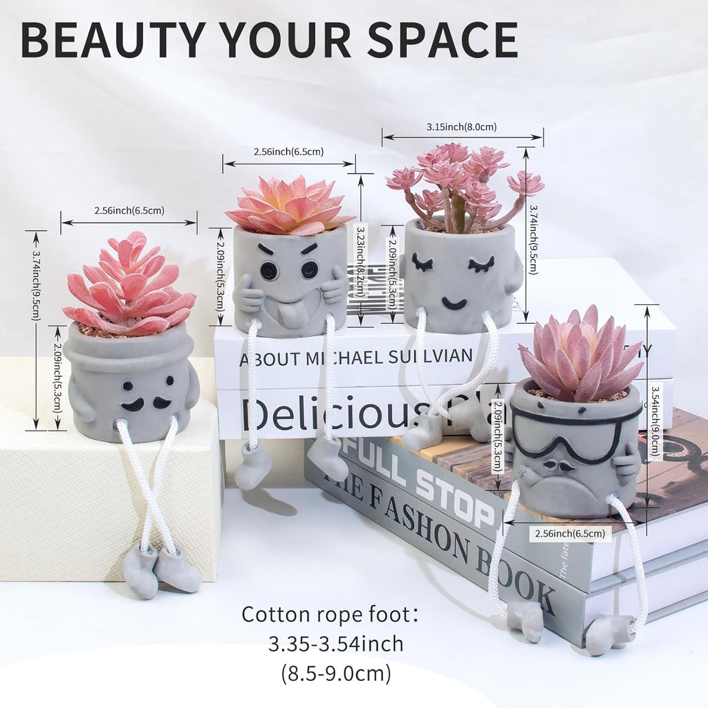 Set of 4 Artificial Potted Mini Succulent Plants - Small Fake Succulents in Hanging Leg Cement Pots, Desk/Bathroom/Bookshelf/Wall Decor for Home Office, Cute Office Decor for Women (Pink)