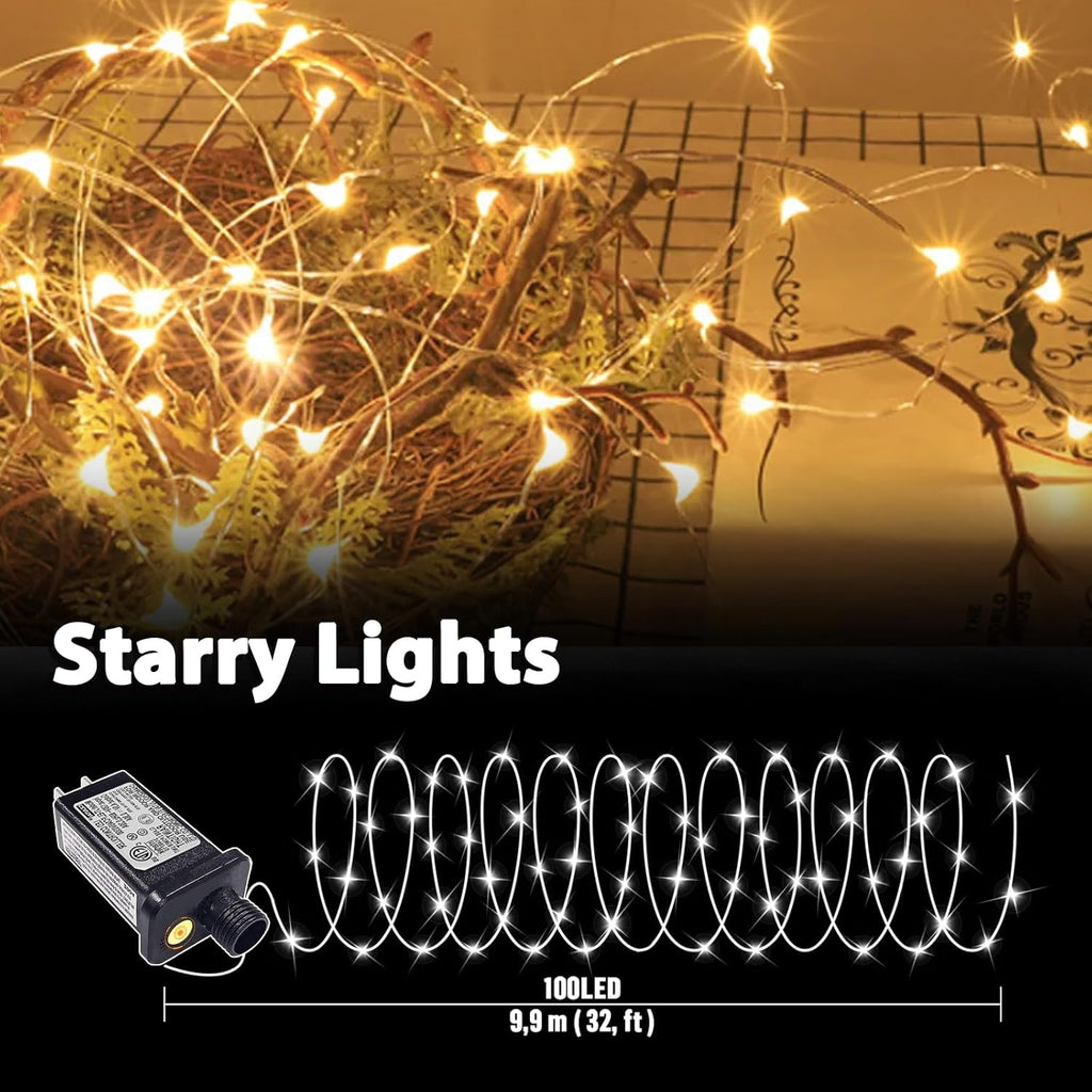 LAMPHOME Fairy Lights Plug in, 33Ft 100 LEDs Waterproof Twinkle Firefly Lights, Adaptor Included, Starry String Lights for Wedding Indoor Outdoor Christmas Patio Garden Decoration, Warm White