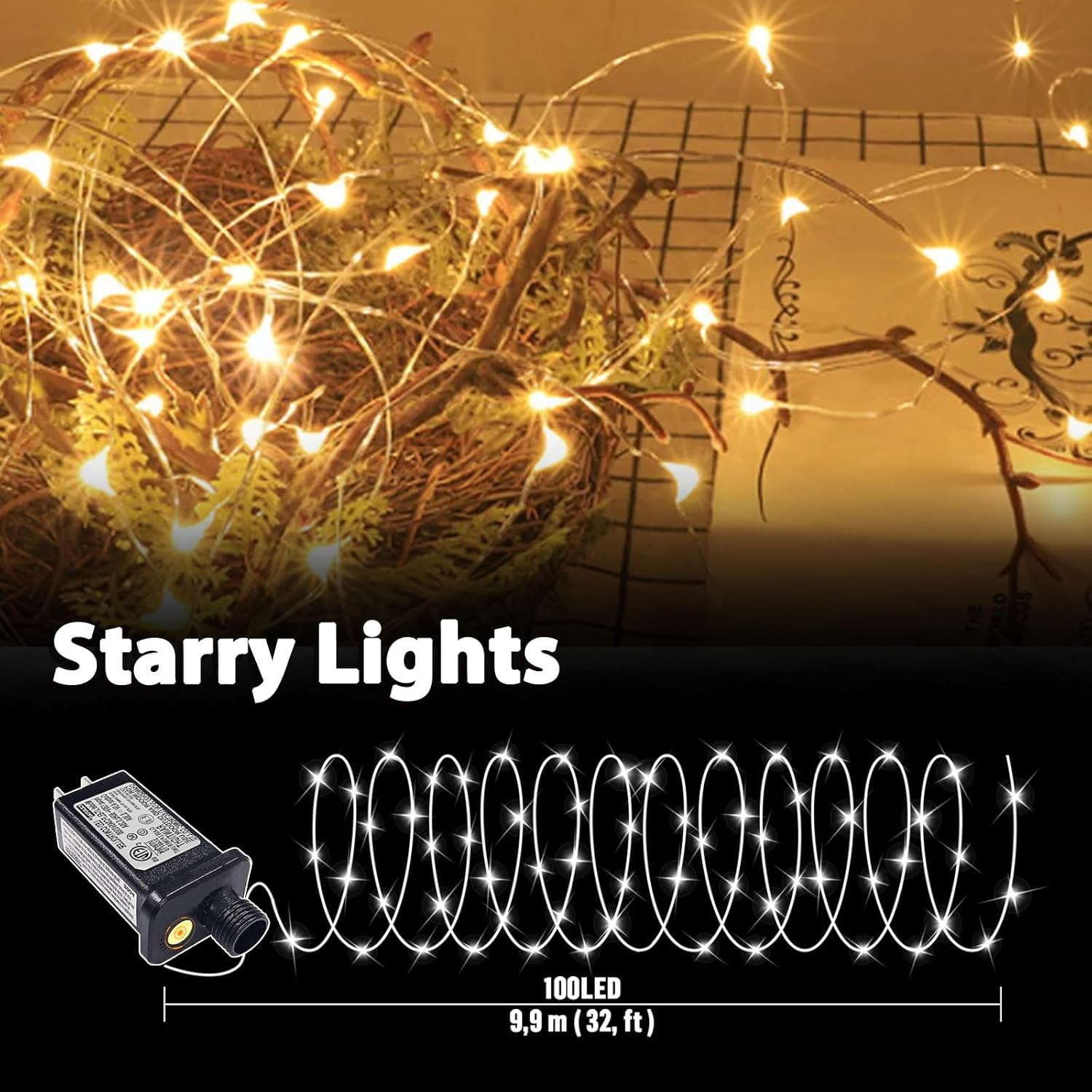 LAMPHOME Fairy Lights Plug in, 33Ft 100 LEDs Waterproof Twinkle Firefly Lights, Adaptor Included, Starry String Lights for Wedding Indoor Outdoor Christmas Patio Garden Decoration, Warm White