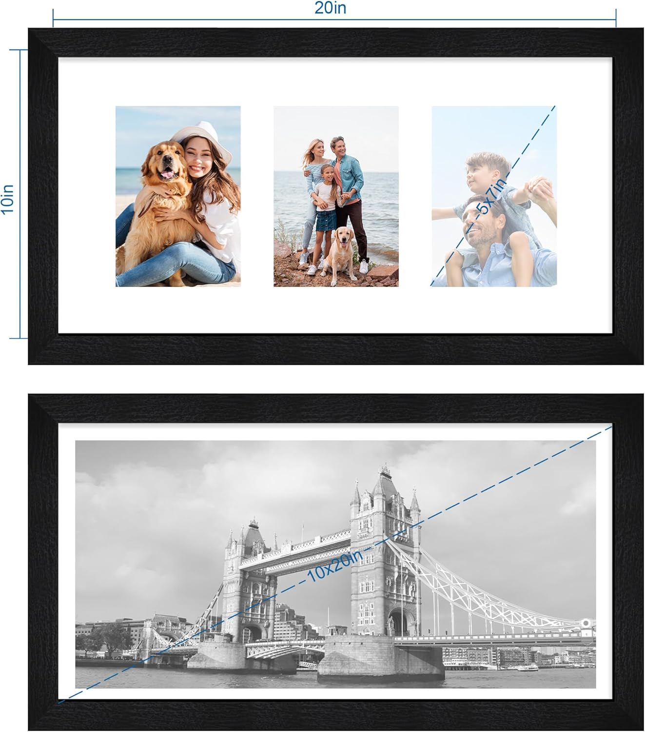 10x20 Picture Frame Set of 2, Rustic Black Wood Frame with Real Glass Collage Frame, Display Pictures Three 5x7 With Mat or 10 x 20 Without Mat - Horizontal or Vertical Wall Mounting