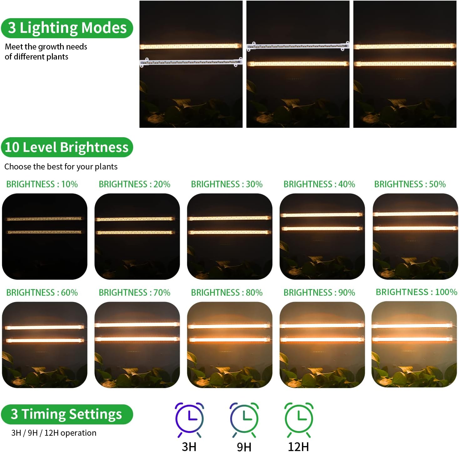 Two Strip Growing Lamp 2-Pack for Indoor Plants, 3500K Full Spectrum LED Grow Light Strips with Auto ON/Off 3/9/12H Timer & 10 Dimmable Levels for Green House Succulent (2 Head×2 Pack)