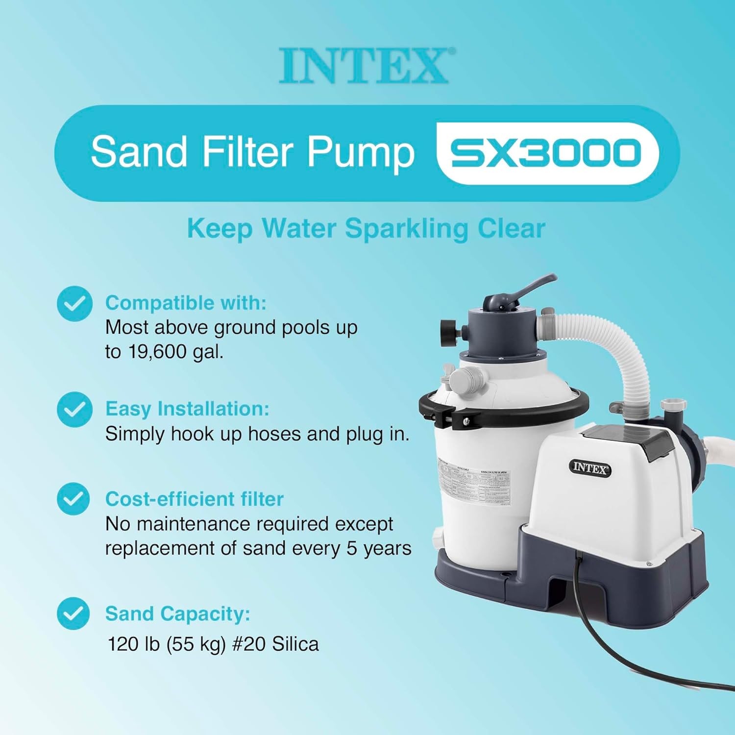 Intex 26651EG Krystal Clear 3000 GPH Sand Filter Pump for Above Ground Pools Bundled with OptiFlow 3 Pack Premium Pure Silica Filter Sand, 50 lb Bags