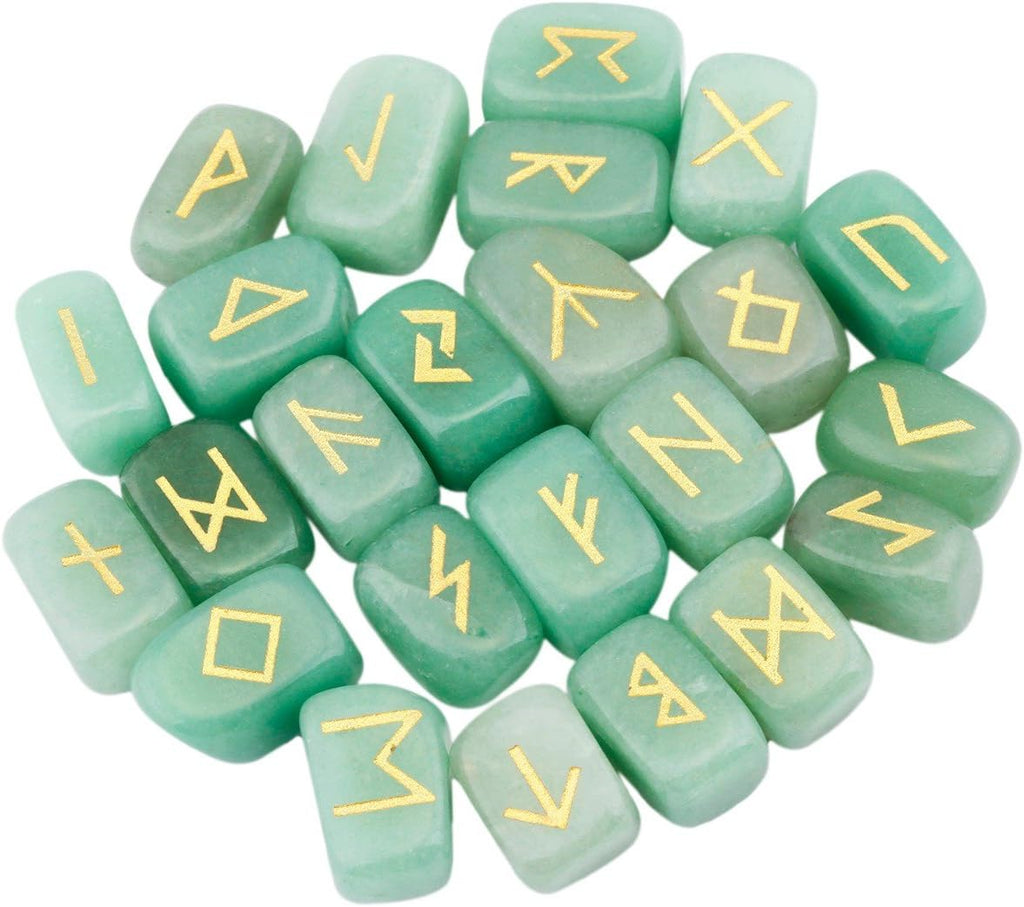 rockcloud Green Aventurine Rune Stones Tumbled Engraved Lettering Crystal Set for Wicca Crystals Healing Chakra Reiki