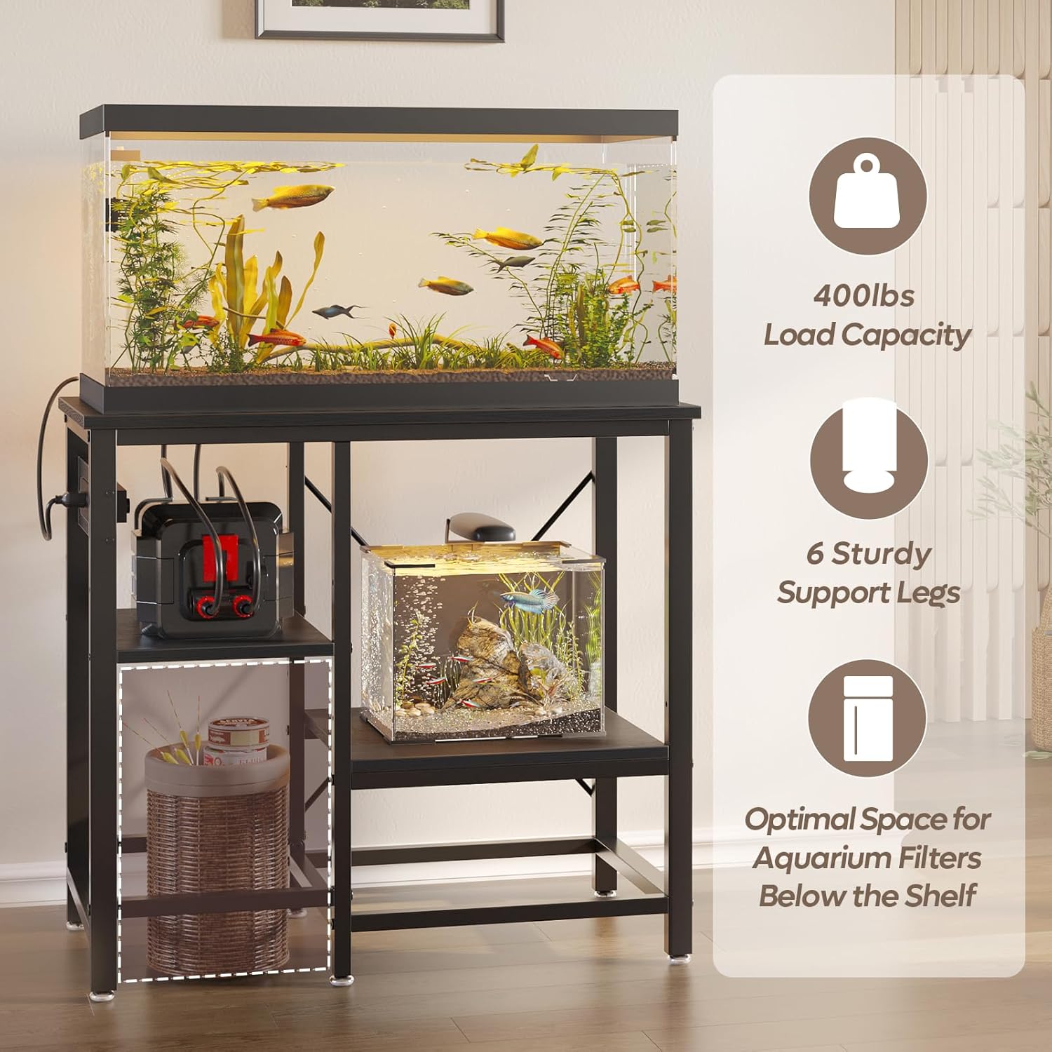 Bestier 20-29-37 Gallon Fish Tank Stand with Power Outlet, 30x13 Metal Aquarium Stand with Filter Storage, 6-Leg Reptile Tank Stand with 3-Tier Adjustable Storage Shelves, 400LBS Capacity, Black Oak