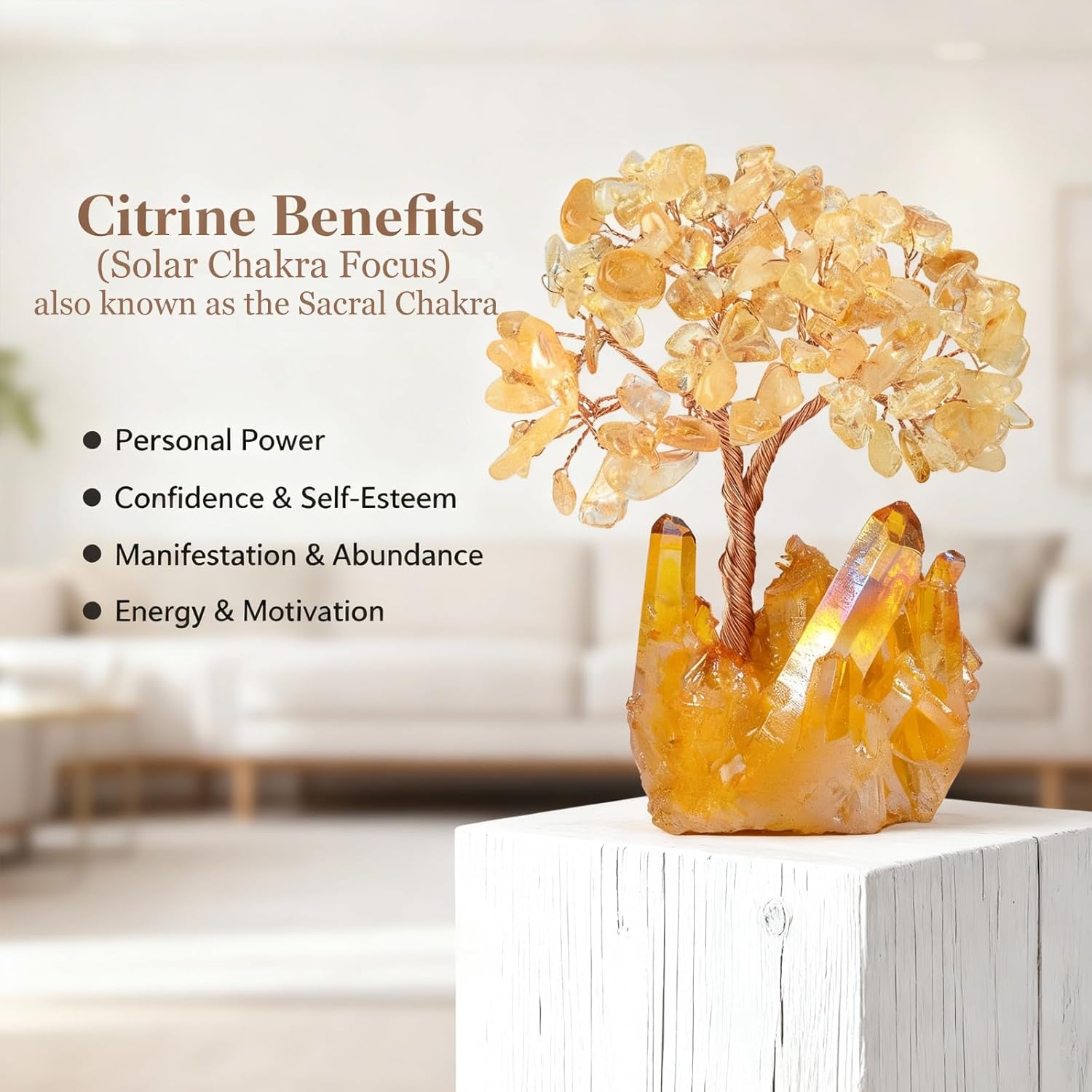 Natural Citrine Crystal Tree of Life,Quartz Cluster Yellow Titanium Base, Positive Energy Feng Shui Bonsai Money Tree Office Desk Home Decor for Wealth and Luck