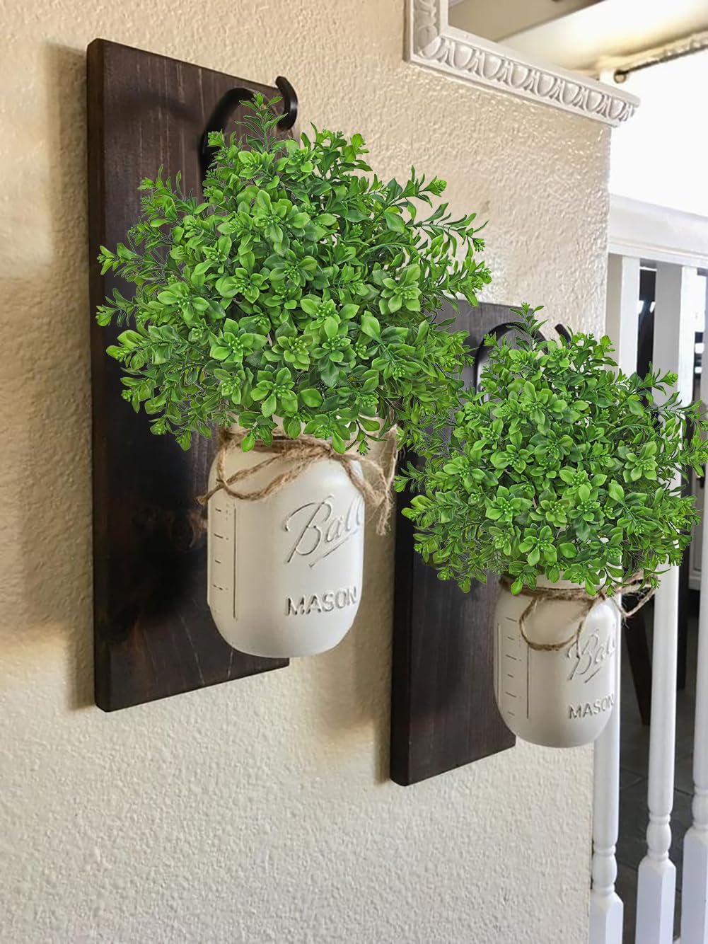 Artificial 5Pcs Faux Seeded Eucalyptus Leaves Stems Fake Plants Sharp UV Resistant Faux Plastic Boxwood for Kitchen Office Garden Porch Farmhouse Window Box Home Decor