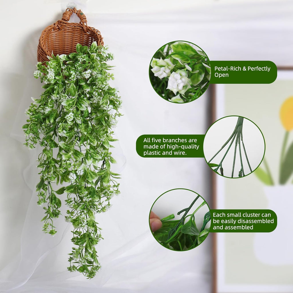RECUTMS 2Pcs Fake Hanging Plants Artificial Hanging Flowers for Outdoor Decoration Faux White Flowers Artificial UV Resistant Plastic Greenery Vines Ivy for Outdoor Indoor Garden Party Decor（White）