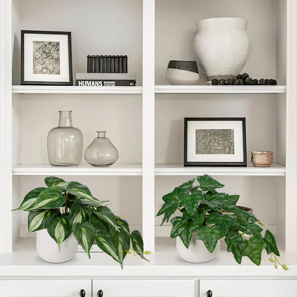 Fake Plants Set of 2 Artificial Plants Faux Ivy Pothos with White Ceramic Pots Fake Potted Plants Artificial Decor for Home Bathroom Shelf Desk Indoor