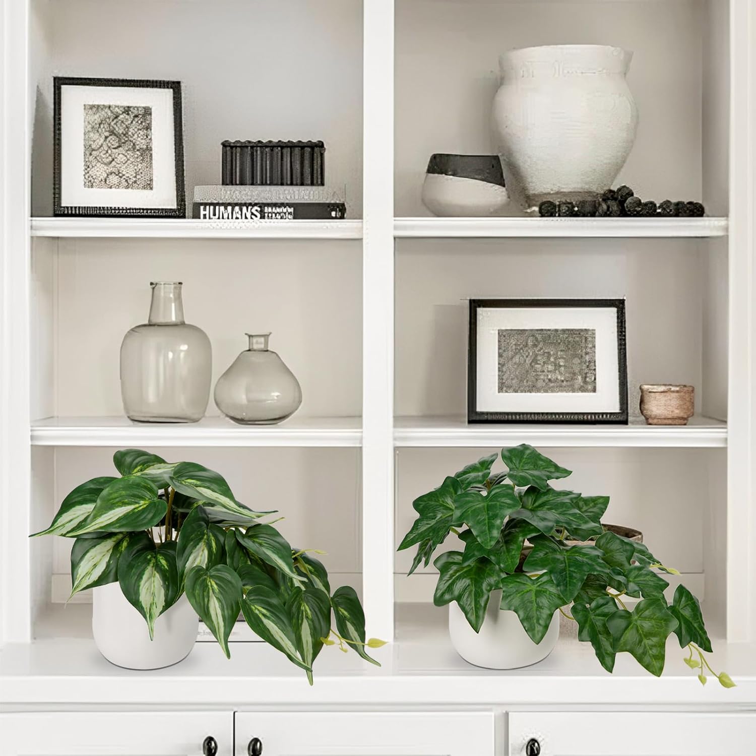 Fake Plants Set of 2 Artificial Plants Faux Ivy Pothos with White Ceramic Pots Fake Potted Plants Artificial Decor for Home Bathroom Shelf Desk Indoor