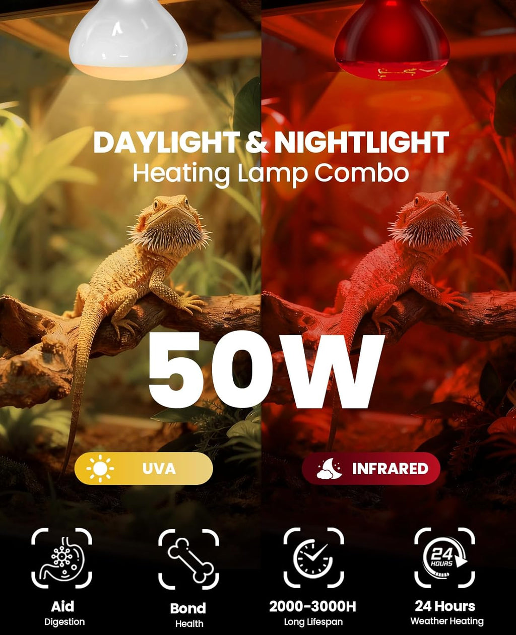 KINDEEP 50W Reptile Heat Lamp Bulbs: Reptile Day & Night Basking Spot Bulb Combo Amphibian Infrared Heat Lamp Bulb - UVA Basking Spot Daylight Heating Light Bulb for Lizard Tortoise Snake