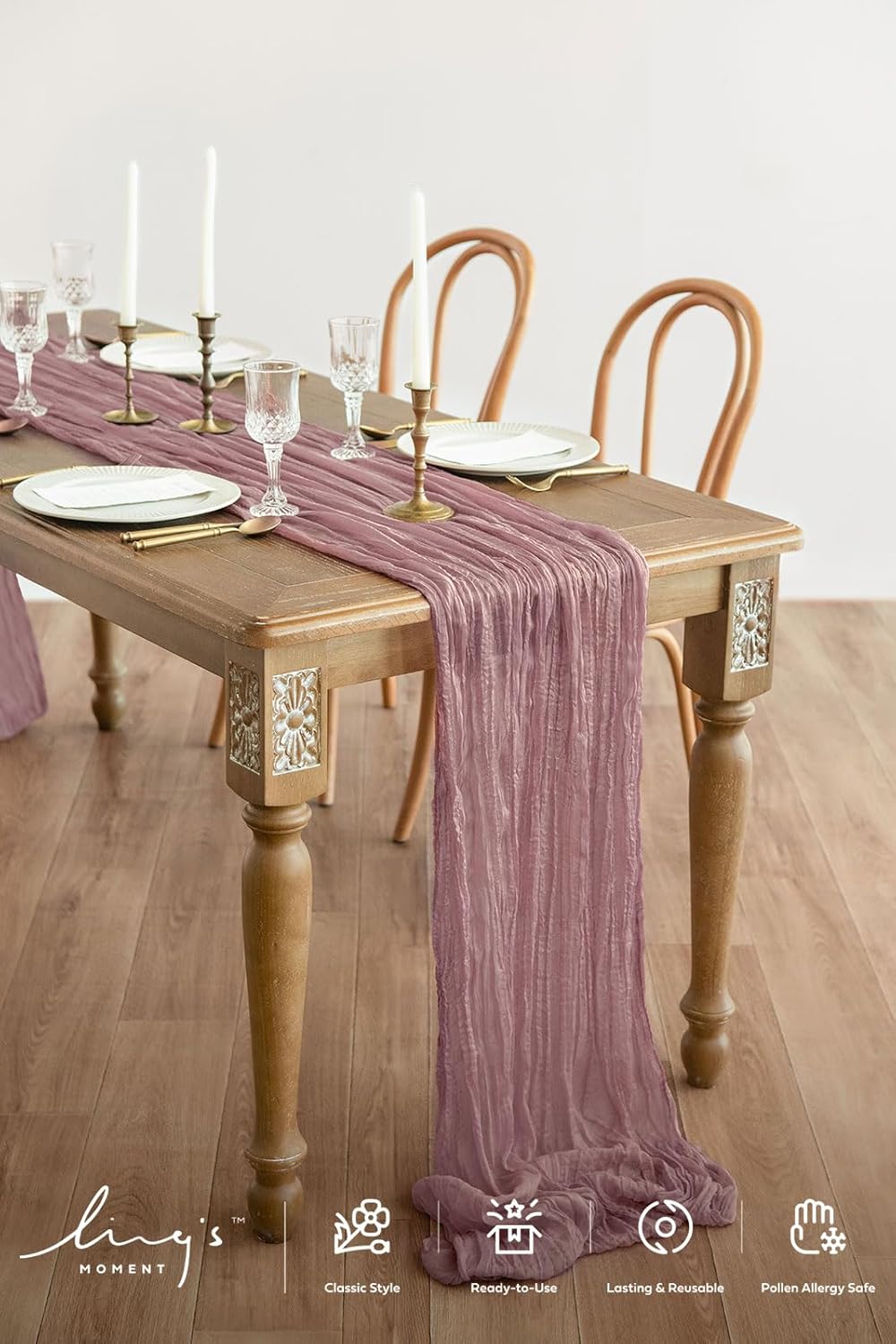 Ling's moment 14Ft Lilac & Gold Cheesecloth Table Runner Boho Chic Gauze Semi-Sheer Tablecloth for Wedding Celebrations for Baby Shower Decorations