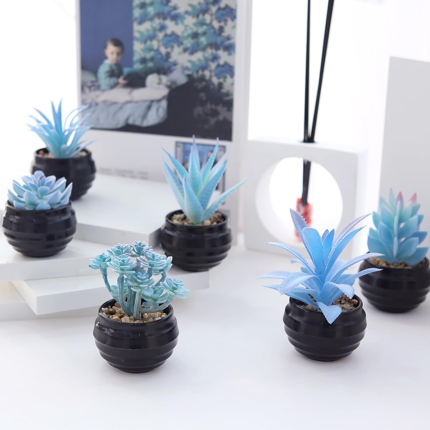 GREENTIME 6 Pcs Blue Artificial Succulent Plants in Mini Black Plastic Pots Small Fake Succulent Plant Faux Indoor Decor Bedroom Desk Bathroom Office Living Room Table Shelf Home Decoration