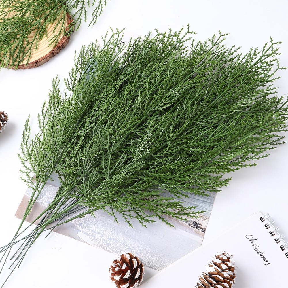 50 PCS Artificial Pine Branches Christmas Faux Pine Greenery Stems Fake Cedar Pine Needles Picks for Christmas Tree Wreath Garland DIY Crafts Holiday Home Decoration