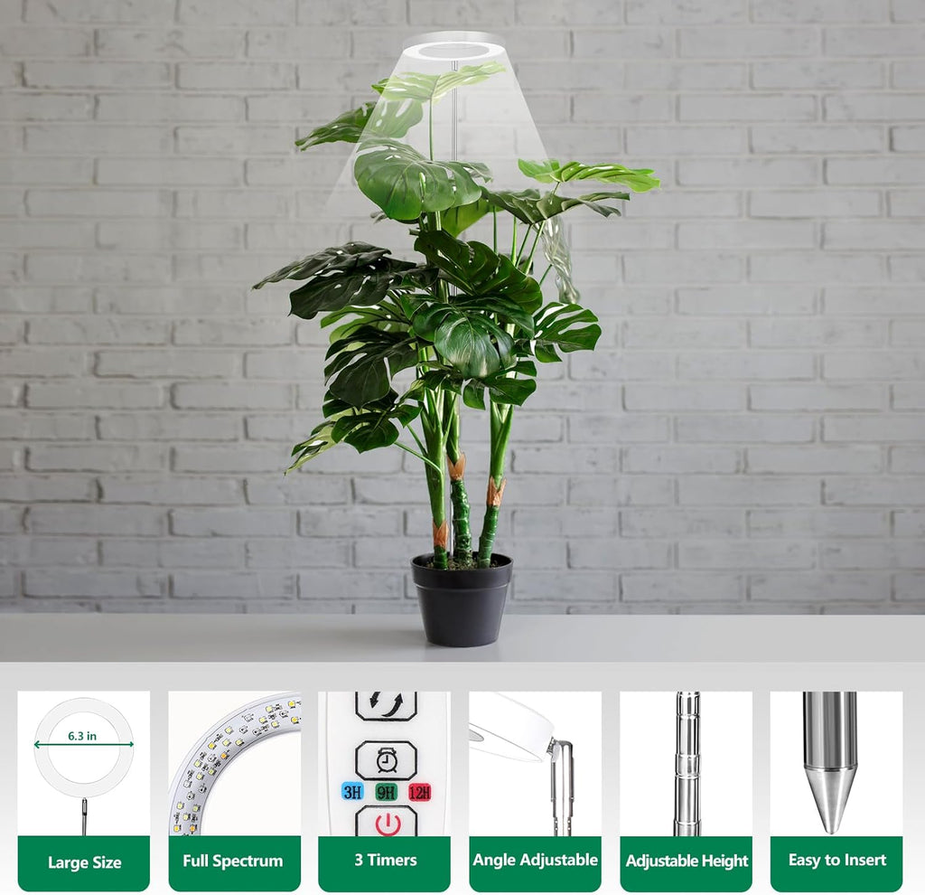 WaterRebirth 6.3 inch Grow Lights for Indoor Plants,Large Plant Light with 3 Timers, 10 Level Dimmable Brightness, Full Spectrum Plant Lamp, Height Adjustable for Tall Plants