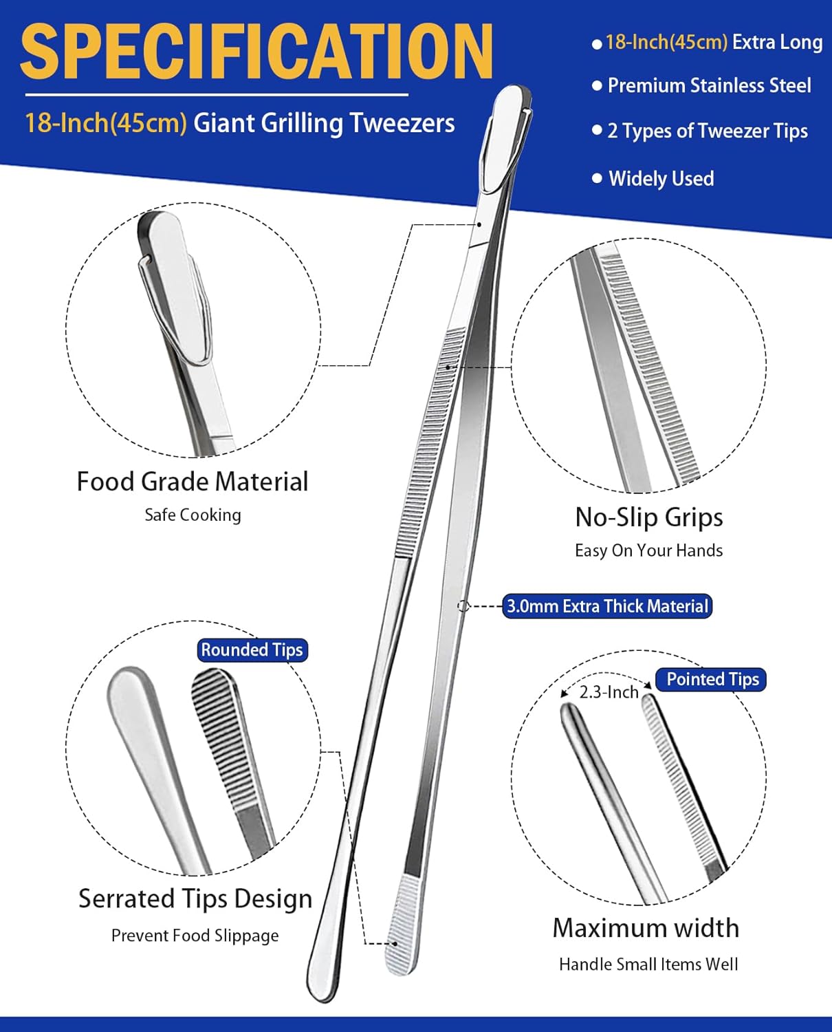 JETKONG 2 Pcs 18 Inch (45cm) Stainless Steel Grill Tongs Heavy Duty Giant Tweezer Tongs, Extra Large Tweezers Tools for Cooking, Grilling, BBQ and Turning Food (Silver)