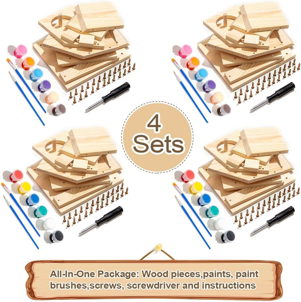 4 Sets Wooden Birdhouse Kit for Outdoor DIY Paint Your Own Wood Kid Art Craft Outdoor Birdhouse Kit Hanging Bluebird Cardinals for Spring Summer STEM Projects