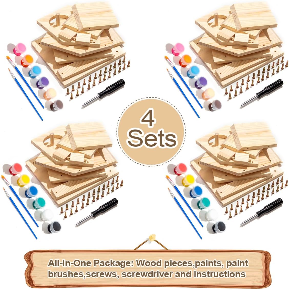 4 Sets Wooden Birdhouse Kit for Outdoor DIY Paint Your Own Wood Kid Art Craft Outdoor Birdhouse Kit Hanging Bluebird Cardinals for Spring Summer STEM Projects