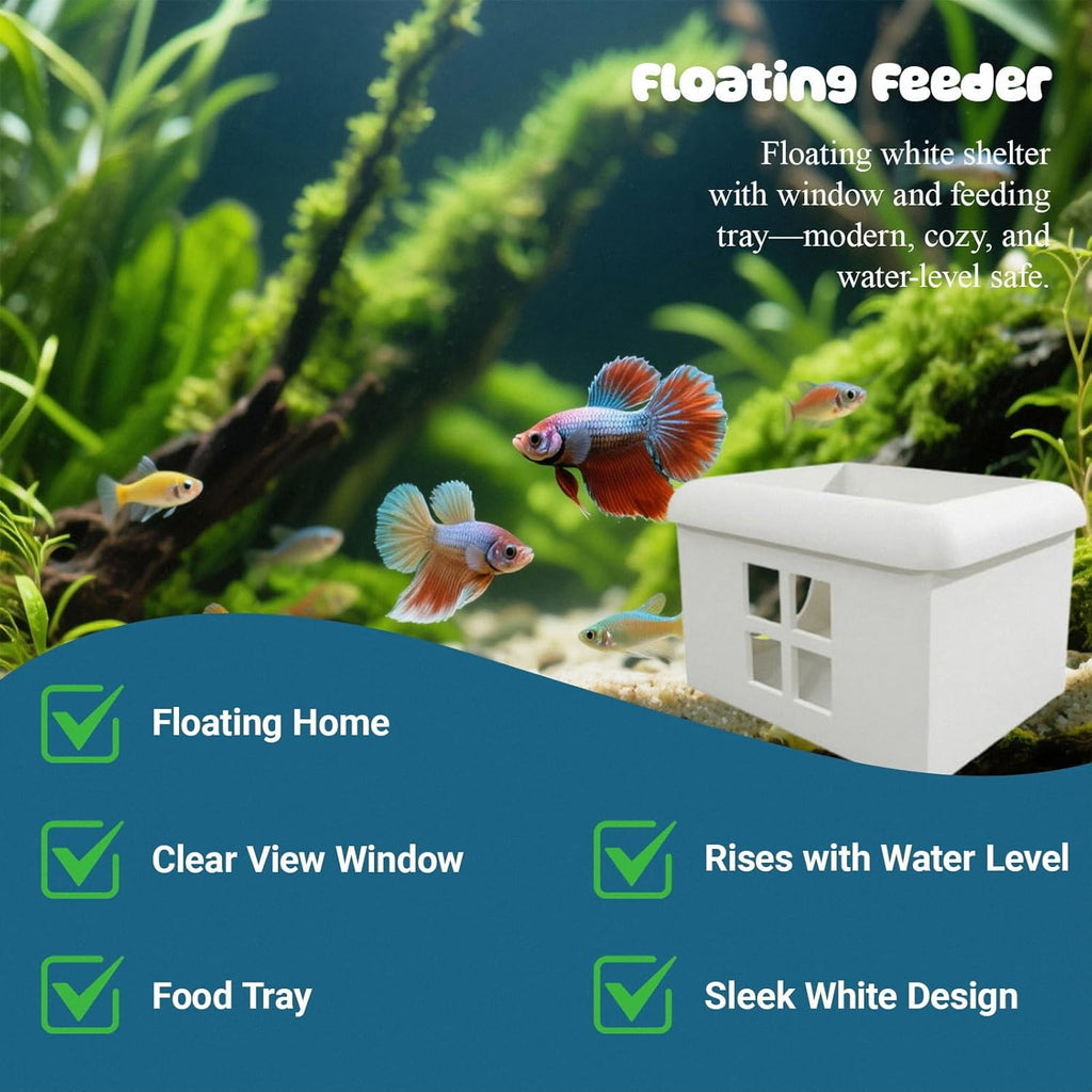 White Floating Betta Hideout with Window – 3D Breeding Box & Shelter Cave – Floating Hammock, Feeding Platform & Aquarium Accessories for Guppies, Nano & Small Tanks