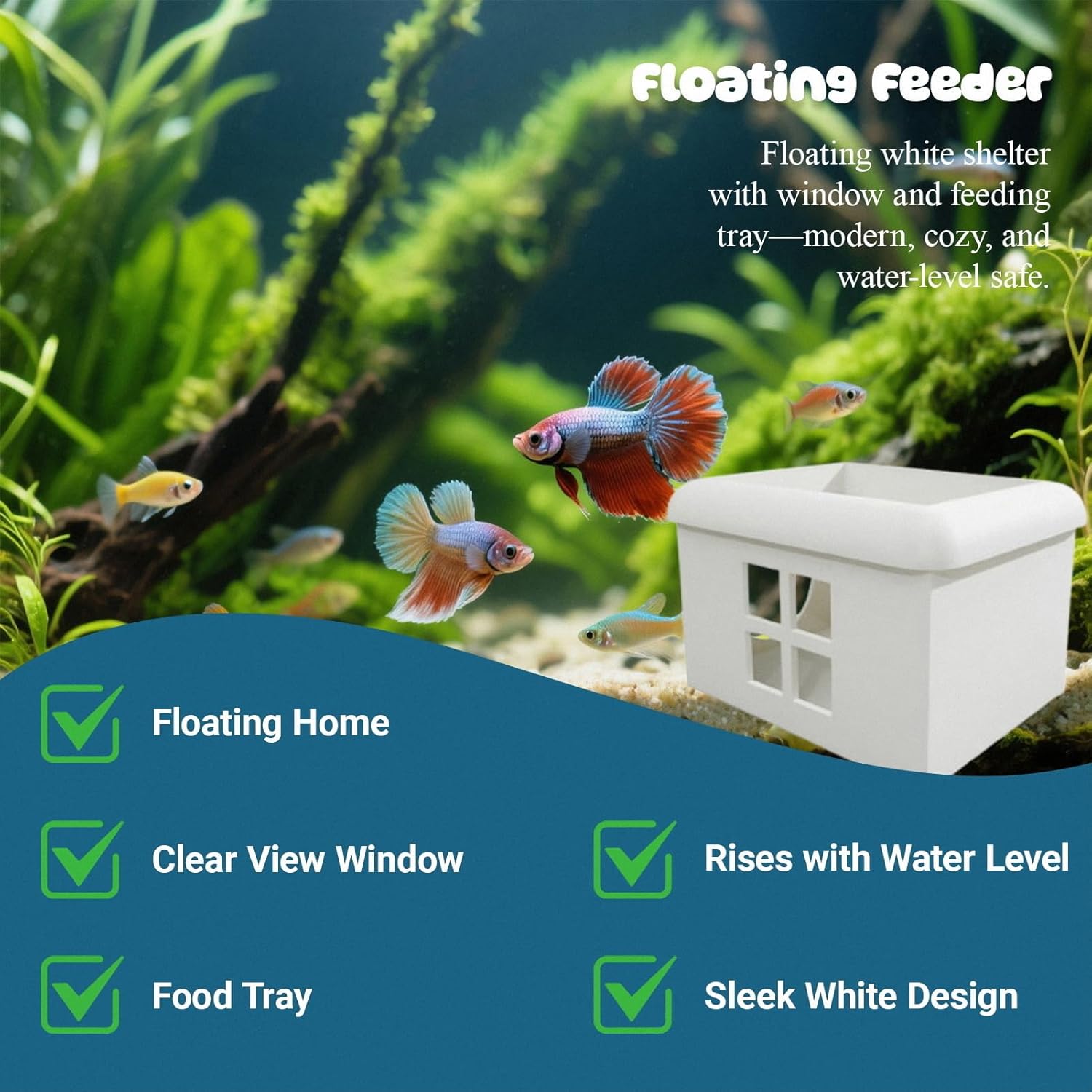 White Floating Betta Hideout with Window – 3D Breeding Box & Shelter Cave – Floating Hammock, Feeding Platform & Aquarium Accessories for Guppies, Nano & Small Tanks