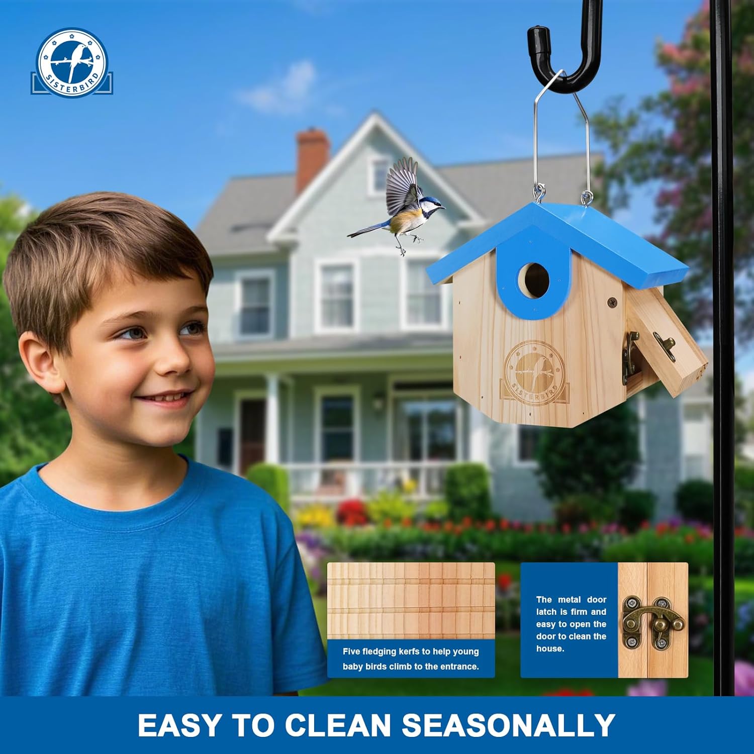 Wren Bird Houses for Outside Cedar Hanging Birdhouses for Outdoors 1-1/8" Entrance Hole Bird Houses for Outside Clearance Wooden Nesting Box Chickadee Predator Guard, Blue