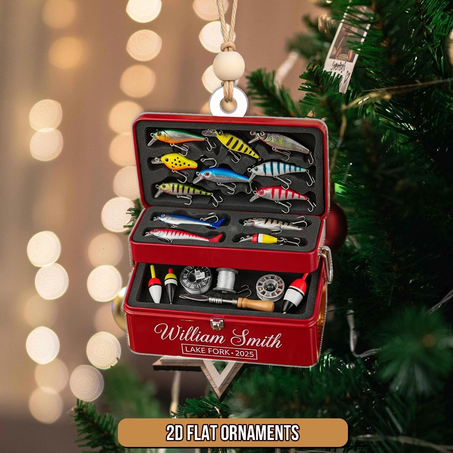 Personalized Fishing Tackle Box Ornament - Fisherman Lure Bait Ornaments Christmas Tree Decor - Outdoor Sportsman Hanging Xmas Decorations Gift for Anglers, Dads & Camping Lovers
