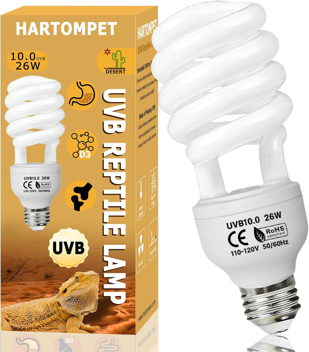 UVB 10.0 Reptile Light 26W, Compact Coil Desert Bulb for Bearded Dragons, Lizards, Snakes, Geckos, Amphibians, UVA UVB Lamp for Pet Terrarium & Reptile Habitat Tank