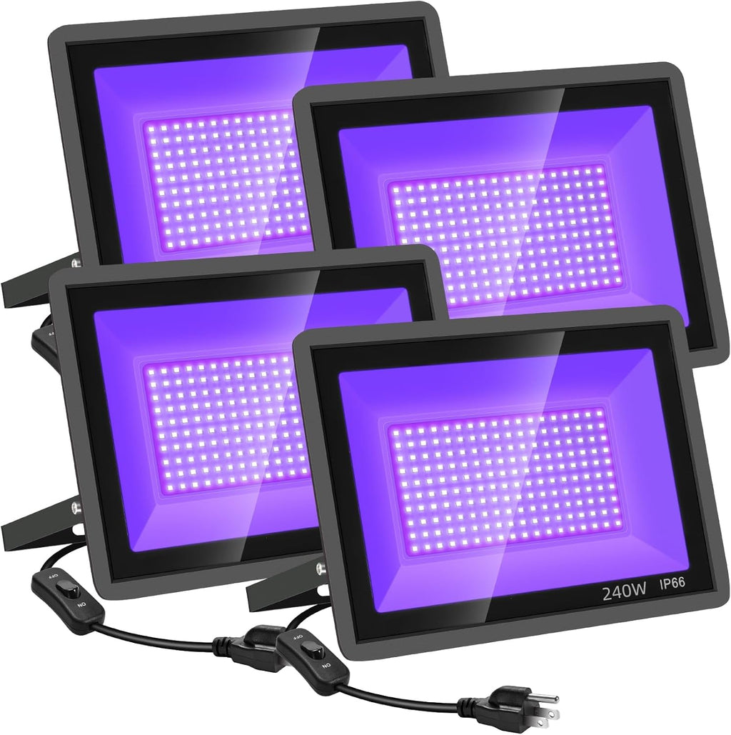4 Pack 240W LED Black Light,Black Flood Light Outdoor with Plug and Switch, IP66 Waterproof Blacklight Flood Light Neon Glow for Glow Party, Halloween, Fluorescent Poster, Body Paint, Aquarium