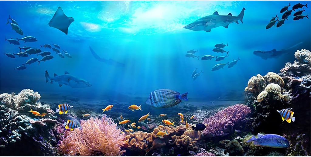 AOFOTO 8x4ft Underwater World Backdrop for Photography Aquarium Seabed Rocks Lights Coral and Fishes Tropical Ocean Scene Under The Sea Background Kids Party Decoration Banner Photobooth Props
