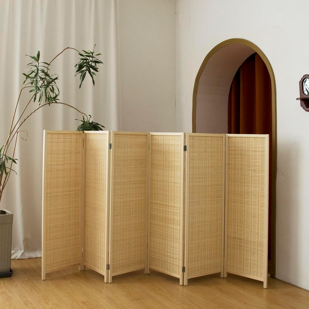 6 Panel Short Panel Divider Screen,3.95 FT Tall Bamboo Room Divider Folding Privacy Screen,Short Panel Divider Freestanding Room Divider for Room Seperation,Beige