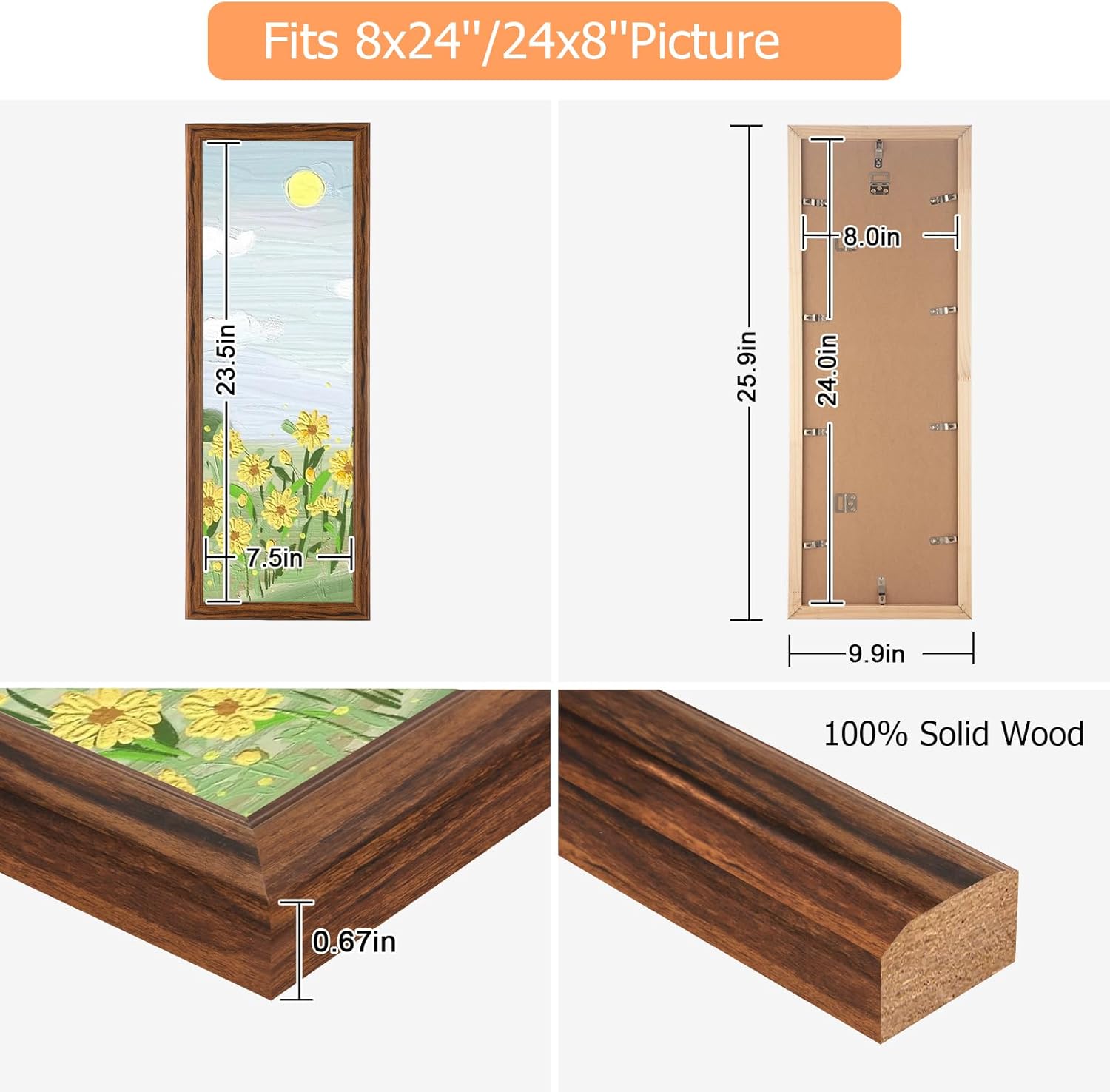 8x24 Wood Frame Brown, Rustic Natural Wooden 24x8in Poster Picture Frame, Distressed 8 x 24inch Woodgrain Gallery Photo Frame with HD Plexiglass, Horizontal Vertical Wall Mounting Display 1pcs