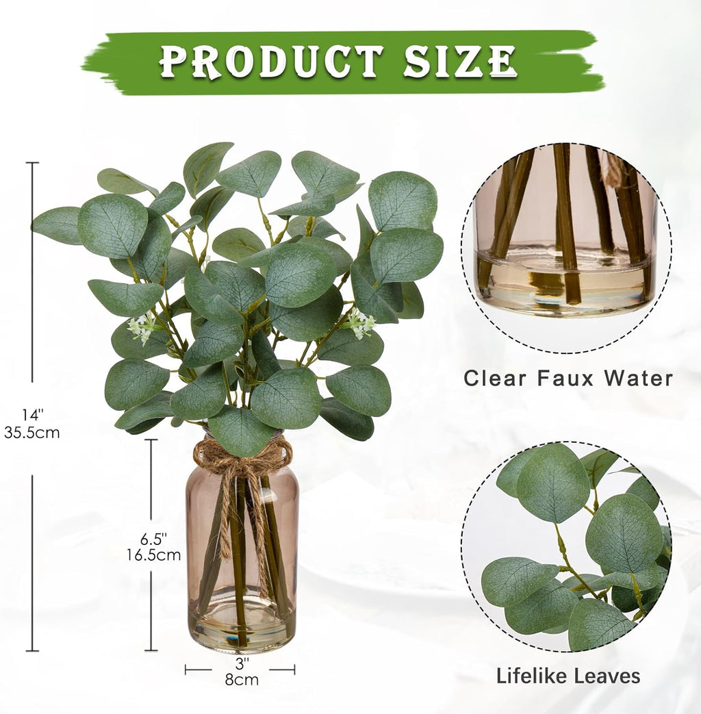 Briful Artificial Eucalyptus Stems in Teal Glass Vase with Faux Water, 14" Fake Plant Eucalyptus Leaves for Home Farmhouse Wedding Centerpiece Bathroom Décor