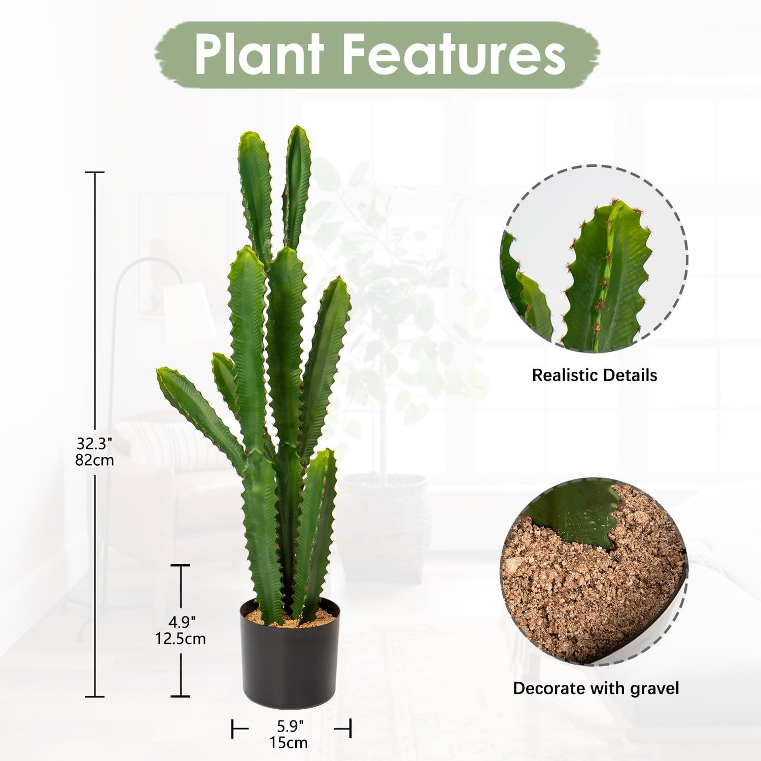 DILATATA 32.5" Tall Fake Cactus Plant Potted 'Euphorbia Accruensis' - Large Artificial Cactus for Home, Garden, Office Decor - Housewarming Gifts